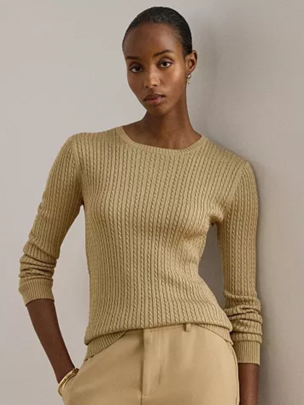Ralph Lauren | Women’s LRL Black Label Tan Micro Cable Knit Crewneck Sweater L